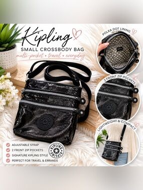 Kipling Small Black Coated Crossbody Bag - Multi-Pocket
